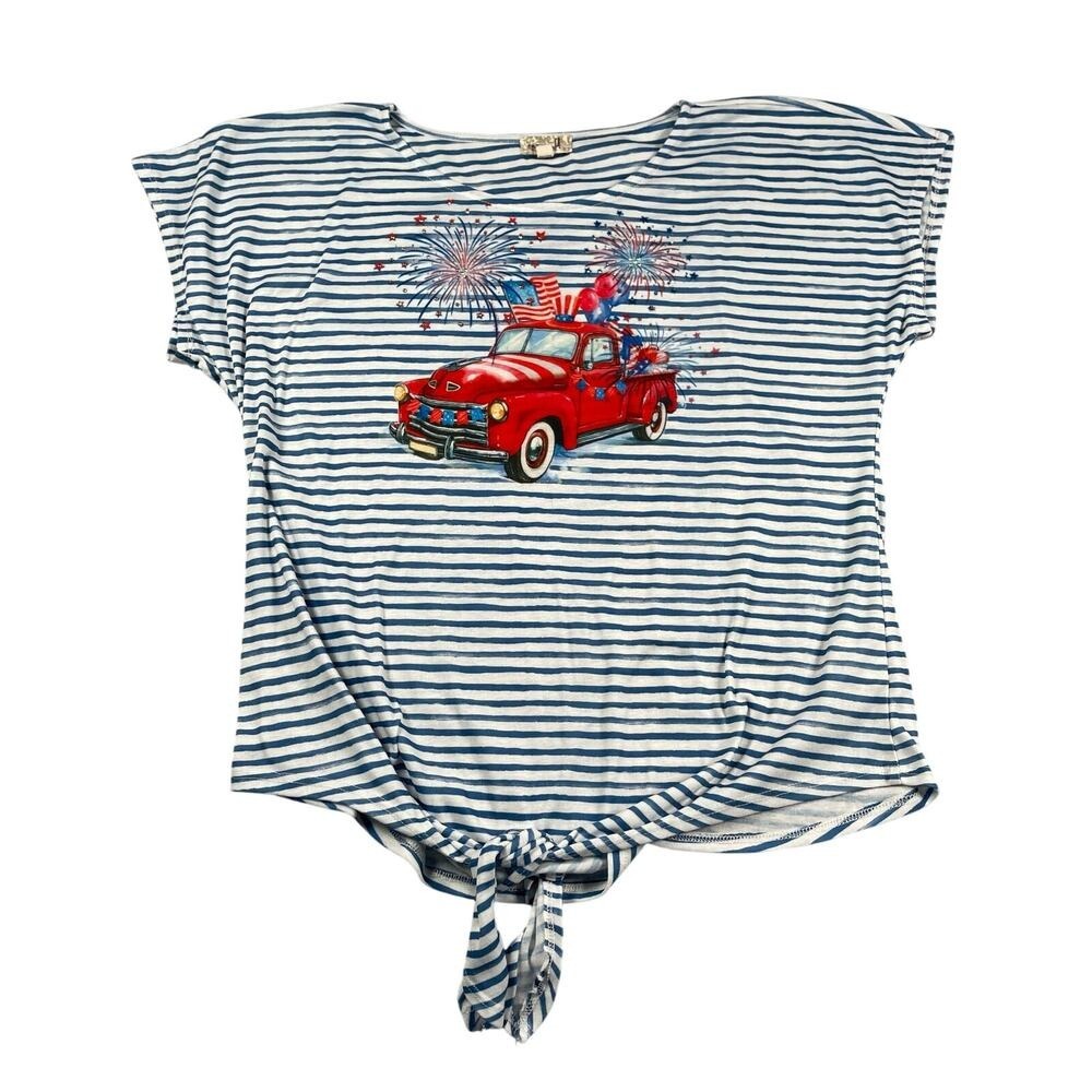 One World Top Womens Medium Blue Striped Patriotic Pick Up Truck Tie Front Tee
